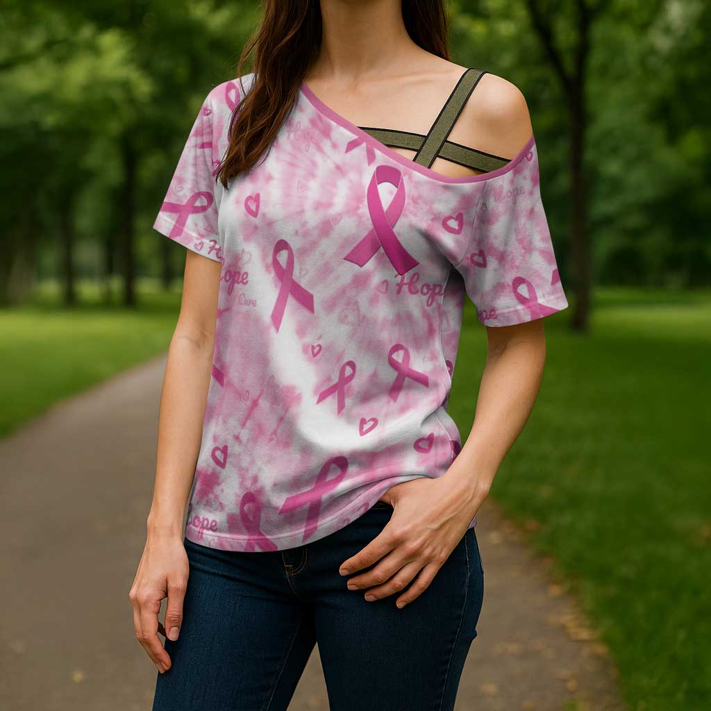 Breast Cancer Awareness Pink Ribbon Cross Shoulder Shirt Tie Dye Style - Wonder Print Shop