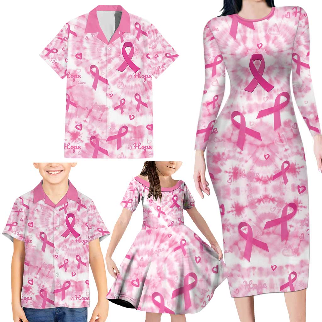 Breast Cancer Awareness Pink Ribbon Family Matching Long Sleeve Bodycon Dress and Hawaiian Shirt Tie Dye Style - Wonder Print Shop