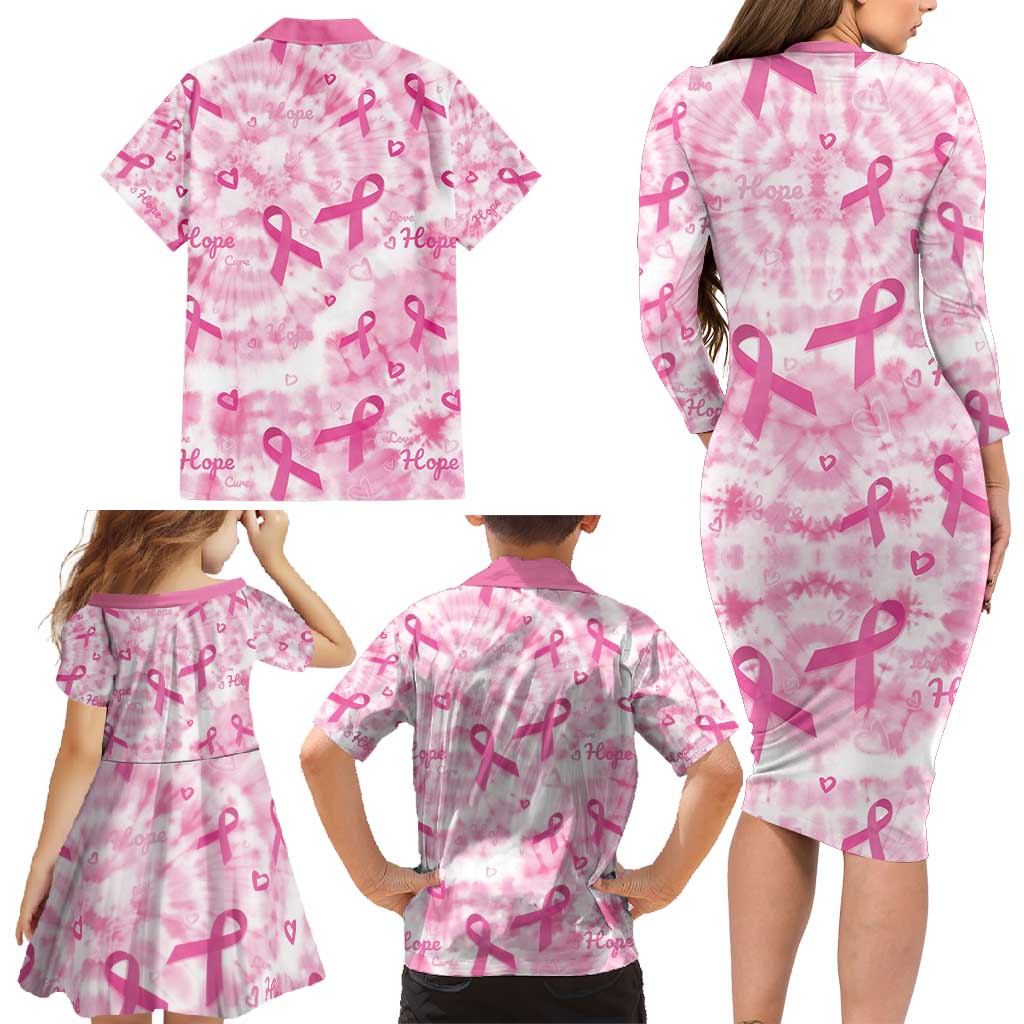 Breast Cancer Awareness Pink Ribbon Family Matching Long Sleeve Bodycon Dress and Hawaiian Shirt Tie Dye Style - Wonder Print Shop