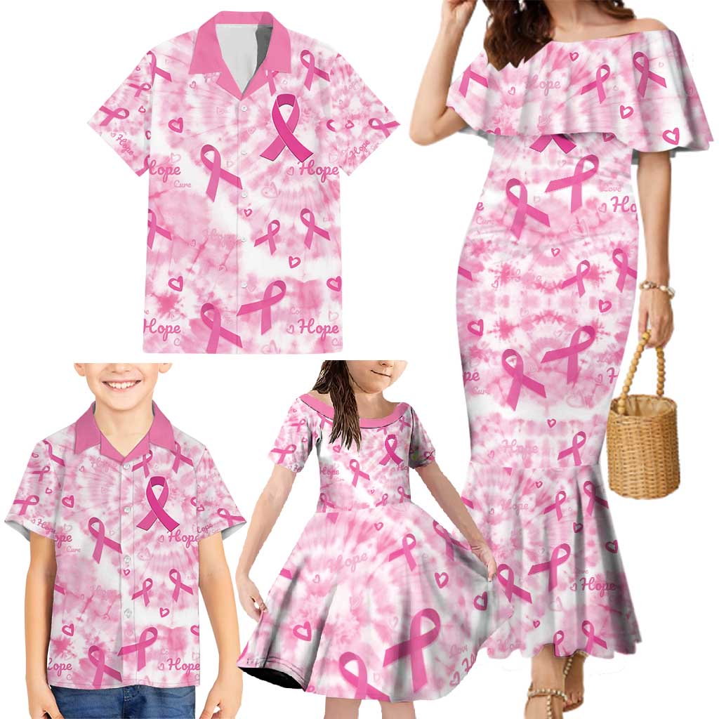 Breast Cancer Awareness Pink Ribbon Family Matching Mermaid Dress and Hawaiian Shirt Tie Dye Style - Wonder Print Shop