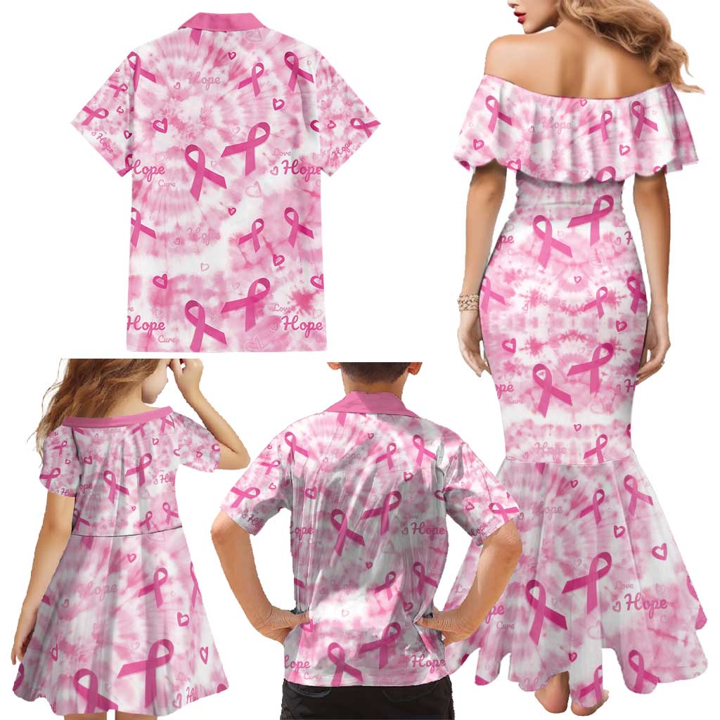 Breast Cancer Awareness Pink Ribbon Family Matching Mermaid Dress and Hawaiian Shirt Tie Dye Style - Wonder Print Shop