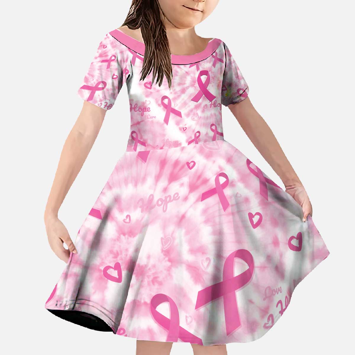 Breast Cancer Awareness Pink Ribbon Family Matching Off The Shoulder Long Sleeve Dress and Hawaiian Shirt Tie Dye Style - Wonder Print Shop