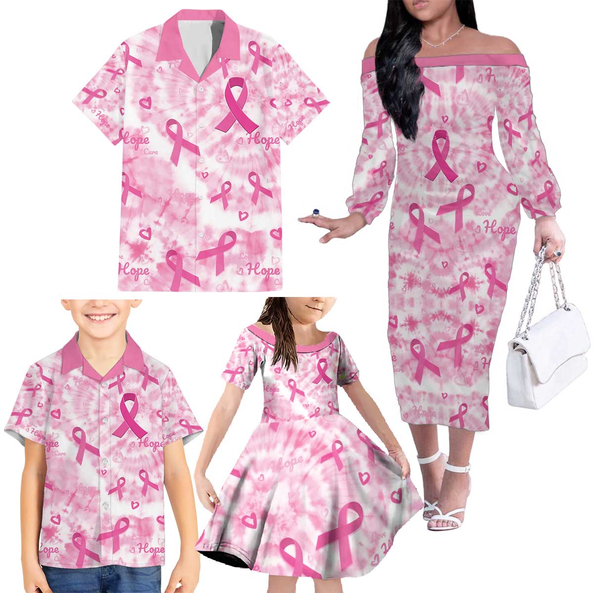 Breast Cancer Awareness Pink Ribbon Family Matching Off The Shoulder Long Sleeve Dress and Hawaiian Shirt Tie Dye Style - Wonder Print Shop