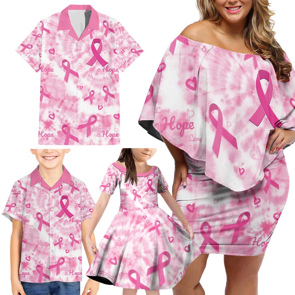 Breast Cancer Awareness Pink Ribbon Family Matching Off Shoulder Short Dress and Hawaiian Shirt Tie Dye Style - Wonder Print Shop