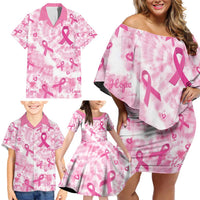 Breast Cancer Awareness Pink Ribbon Family Matching Off Shoulder Short Dress and Hawaiian Shirt Tie Dye Style - Wonder Print Shop