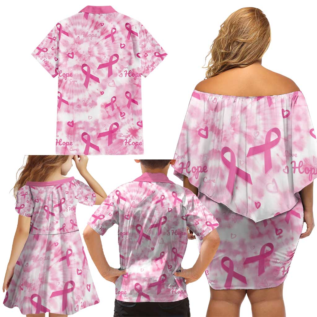 Breast Cancer Awareness Pink Ribbon Family Matching Off Shoulder Short Dress and Hawaiian Shirt Tie Dye Style - Wonder Print Shop