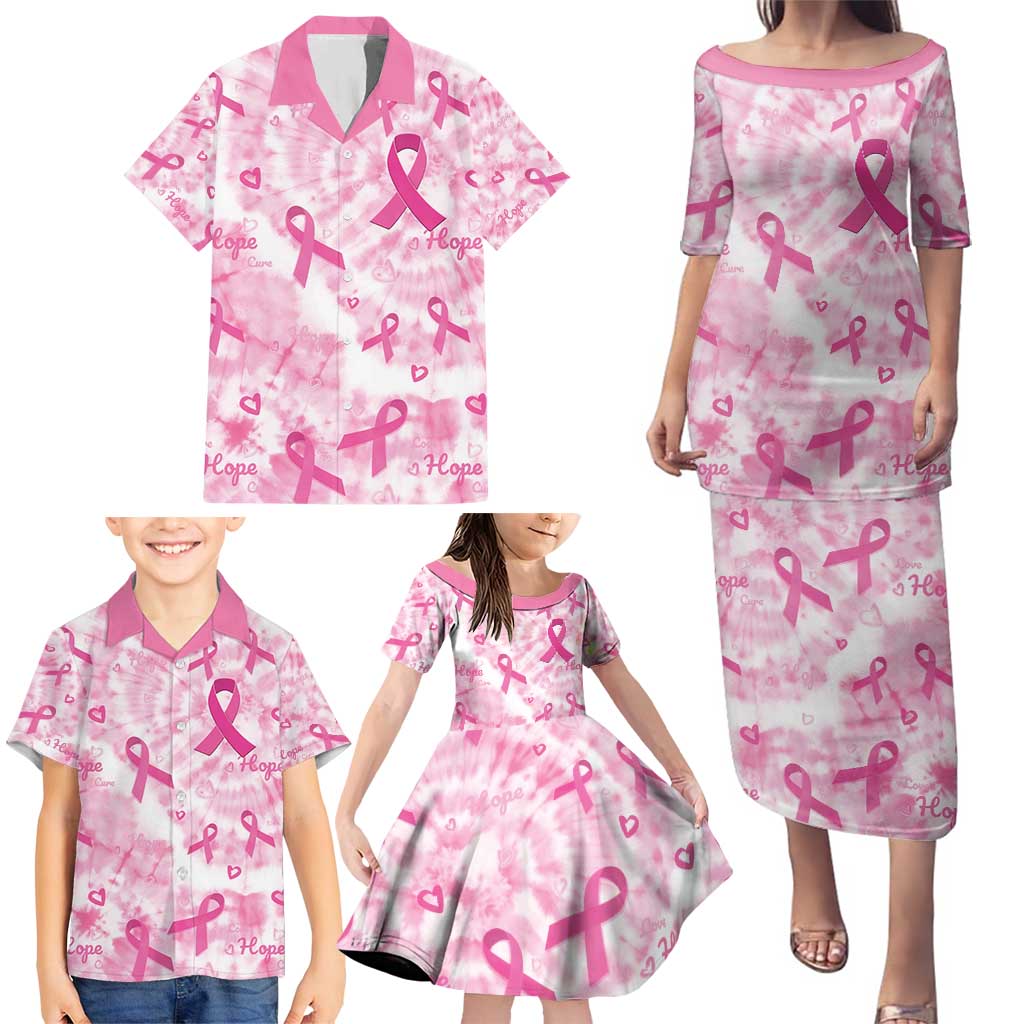 Breast Cancer Awareness Pink Ribbon Family Matching Puletasi and Hawaiian Shirt Tie Dye Style - Wonder Print Shop