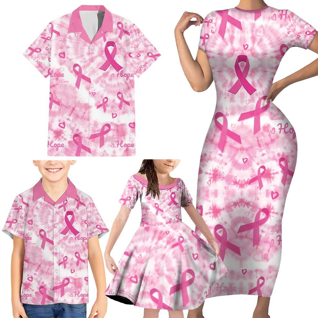 Breast Cancer Awareness Pink Ribbon Family Matching Short Sleeve Bodycon Dress and Hawaiian Shirt Tie Dye Style - Wonder Print Shop