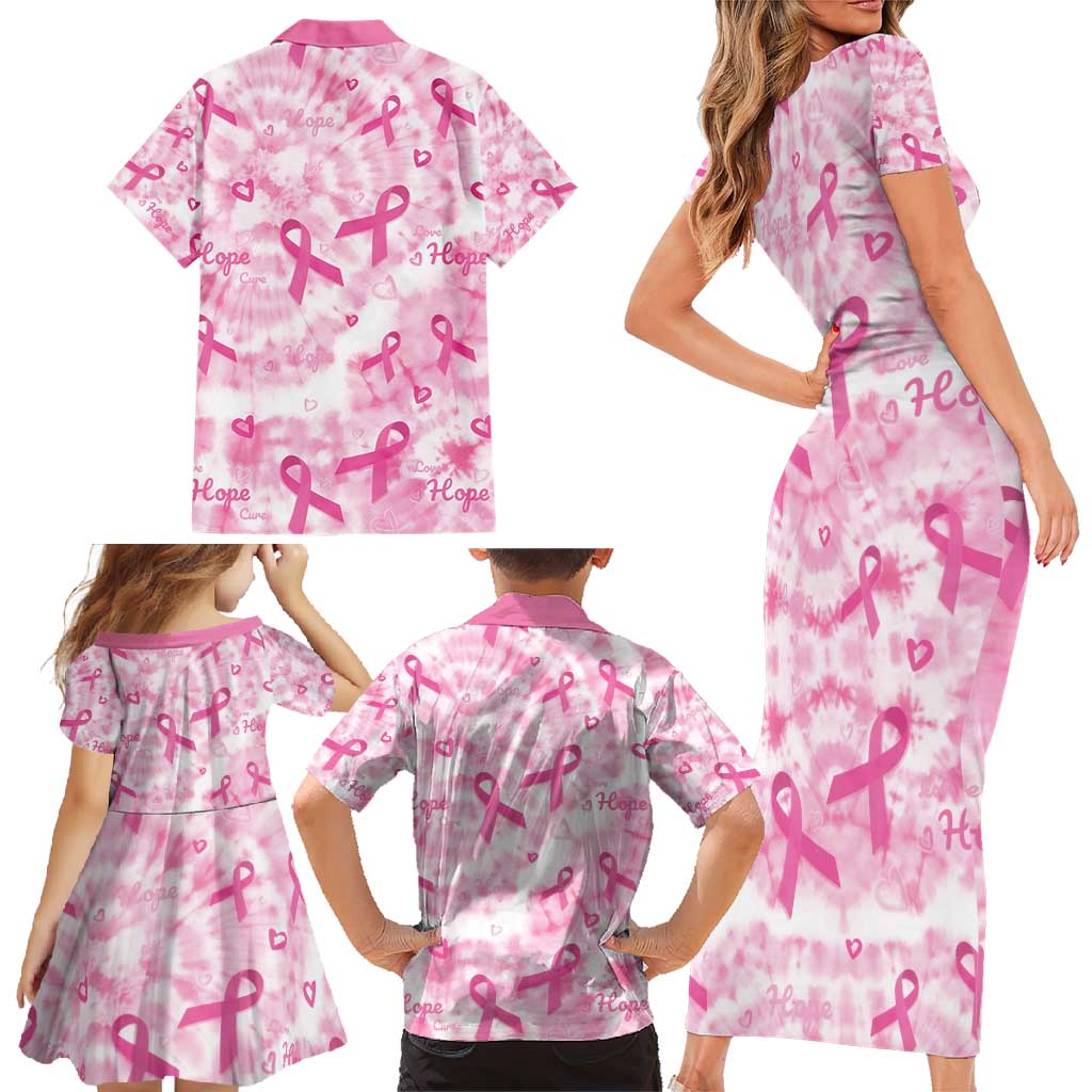 Breast Cancer Awareness Pink Ribbon Family Matching Short Sleeve Bodycon Dress and Hawaiian Shirt Tie Dye Style - Wonder Print Shop