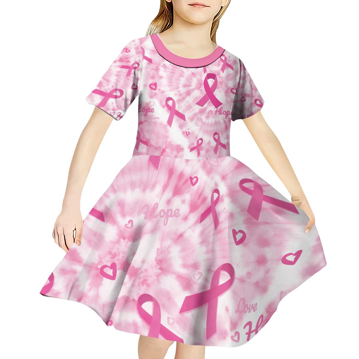 Breast Cancer Awareness Pink Ribbon Kid Short Sleeve Dress Tie Dye Style - Wonder Print Shop