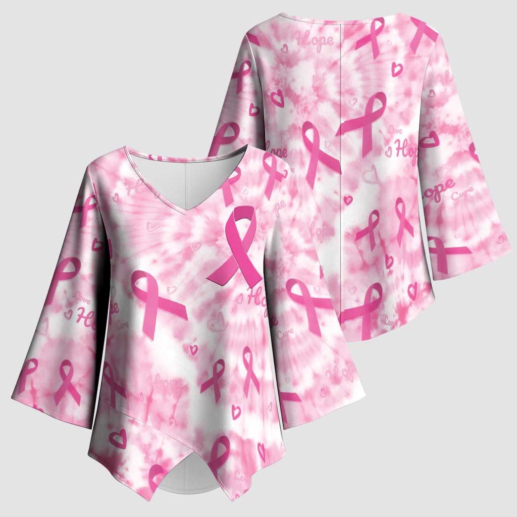 Breast Cancer Awareness Pink Ribbon Kimono Sleeve Blouse Tie Dye Style - Wonder Print Shop