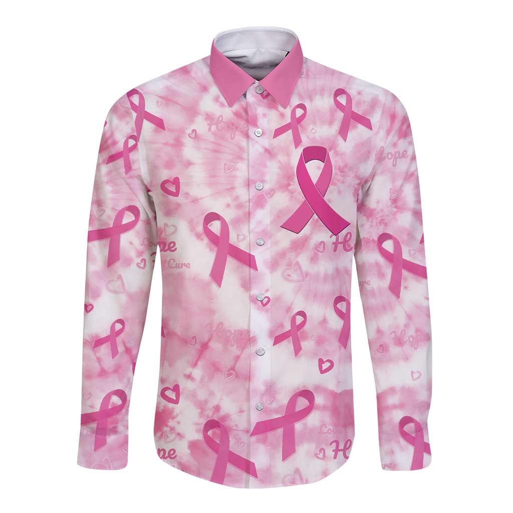 Breast Cancer Awareness Pink Ribbon Long Sleeve Button Shirt Tie Dye Style - Wonder Print Shop