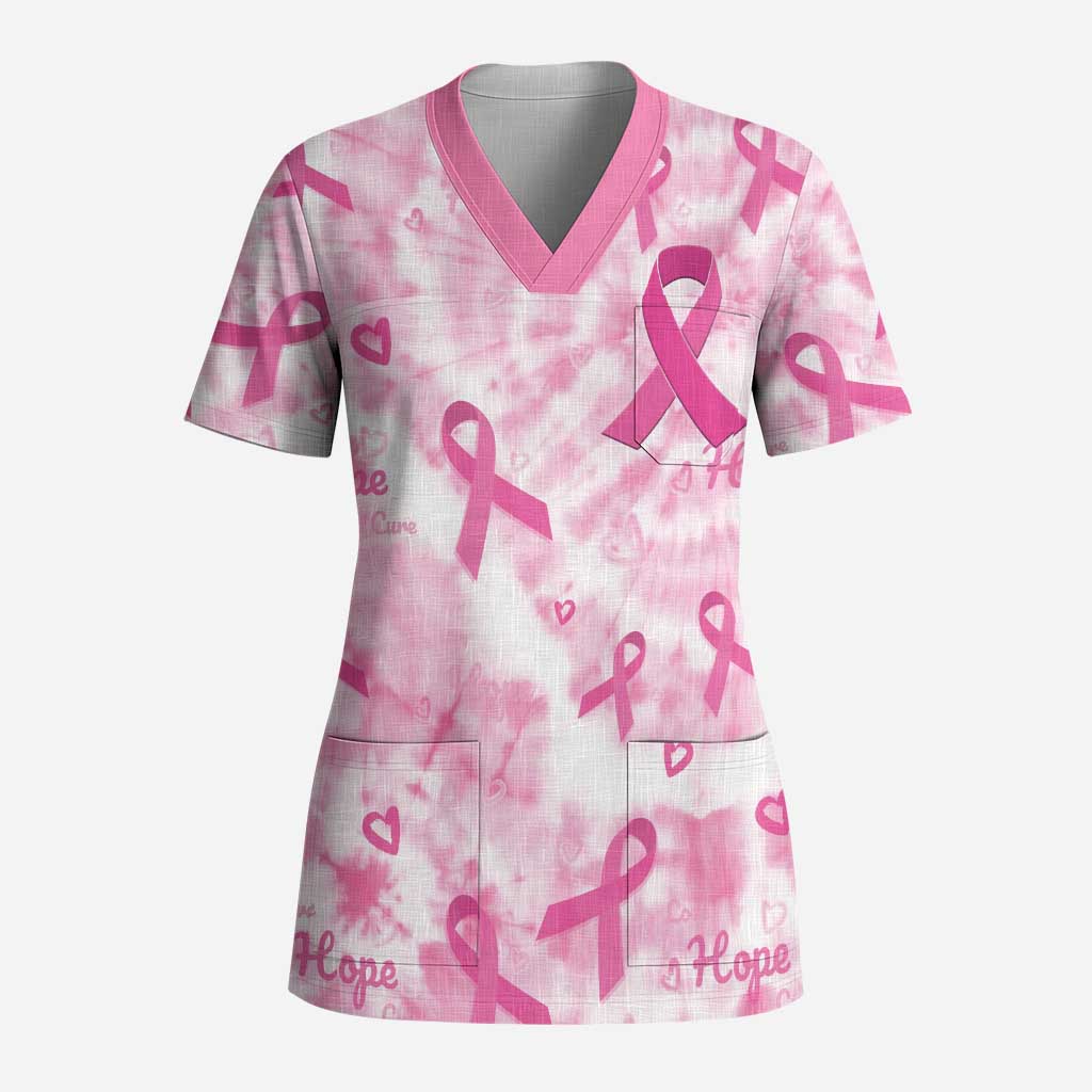 Breast Cancer Awareness Pink Ribbon Scrub Top Tie Dye Style - Wonder Print Shop
