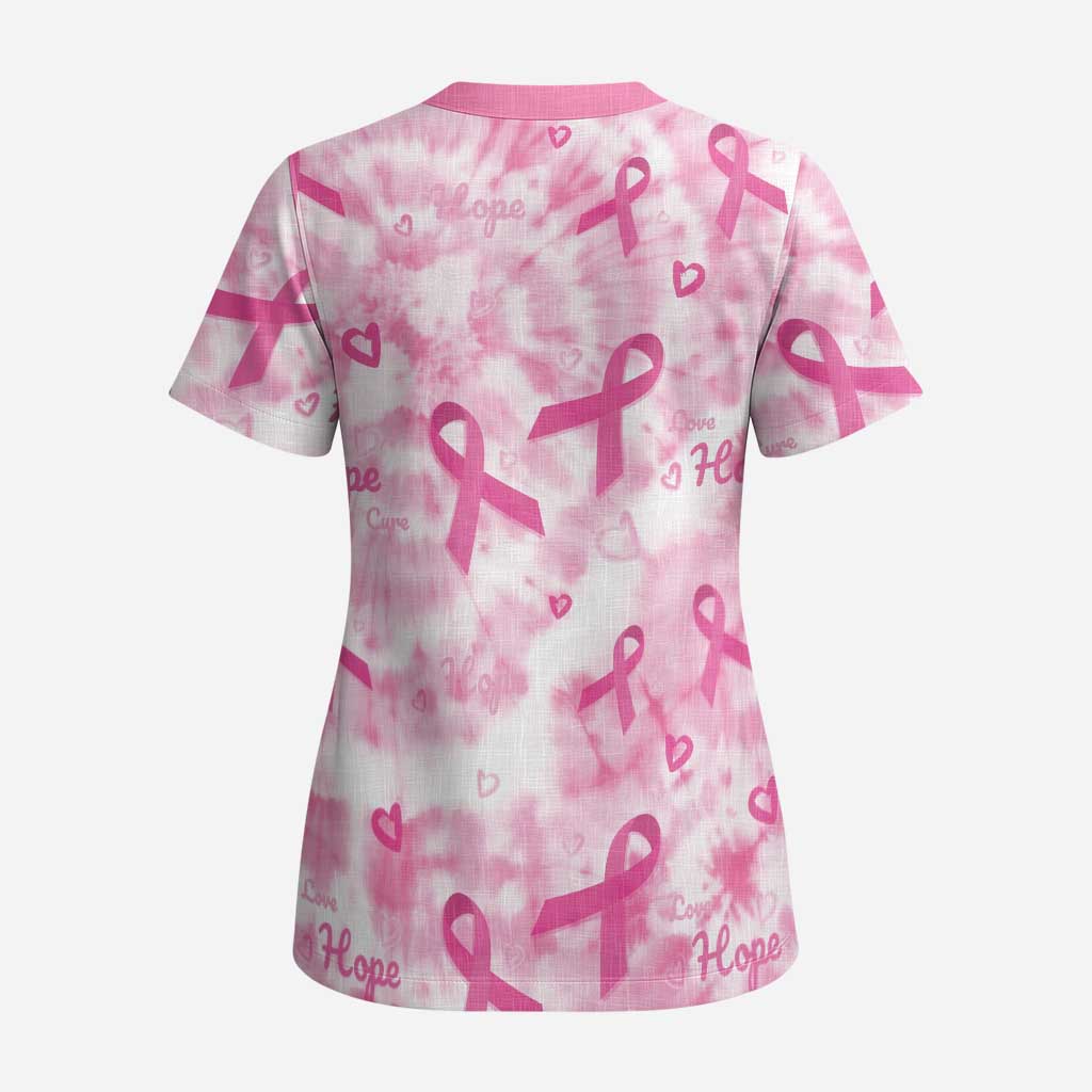 Breast Cancer Awareness Pink Ribbon Scrub Top Tie Dye Style - Wonder Print Shop