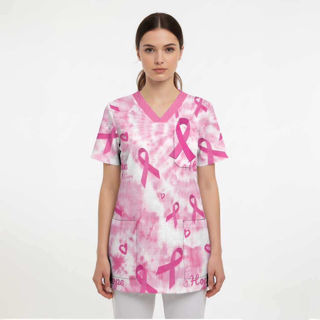 Breast Cancer Awareness Pink Ribbon Scrub Top Tie Dye Style - Wonder Print Shop