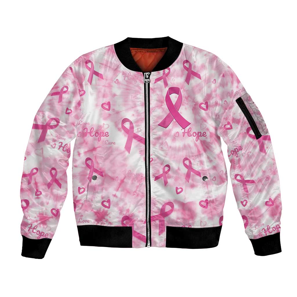 Breast Cancer Awareness Pink Ribbon Sleeve Zip Bomber Jacket Tie Dye Style - Wonder Print Shop