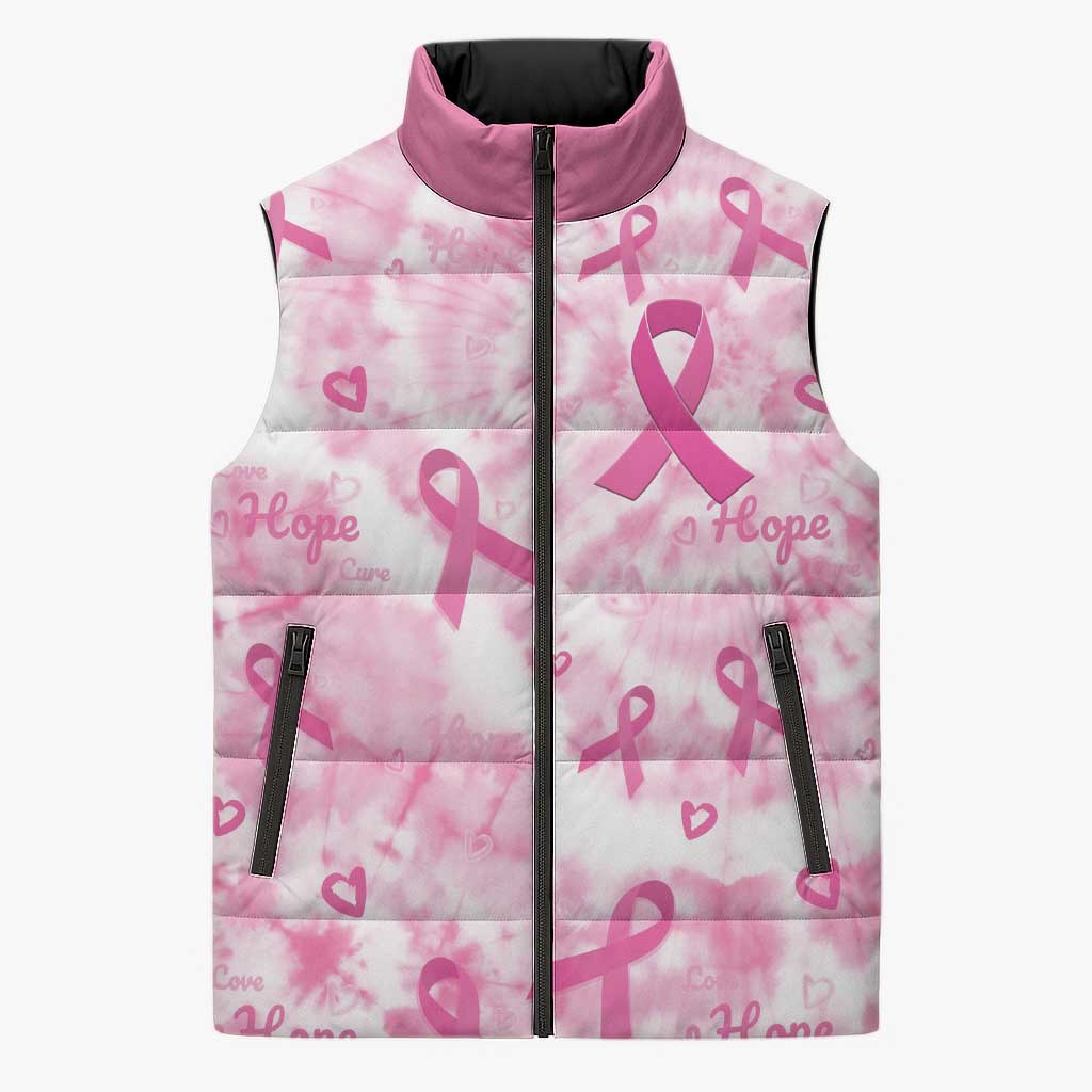 Breast Cancer Awareness Pink Ribbon Sleeveless Puffer Jacket Tie Dye Style - Wonder Print Shop