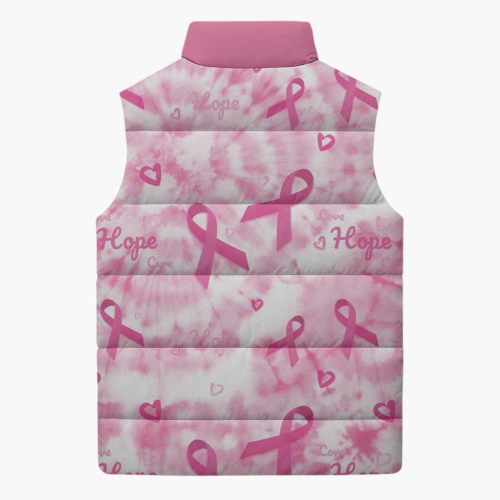 Breast Cancer Awareness Pink Ribbon Sleeveless Puffer Jacket Tie Dye Style - Wonder Print Shop
