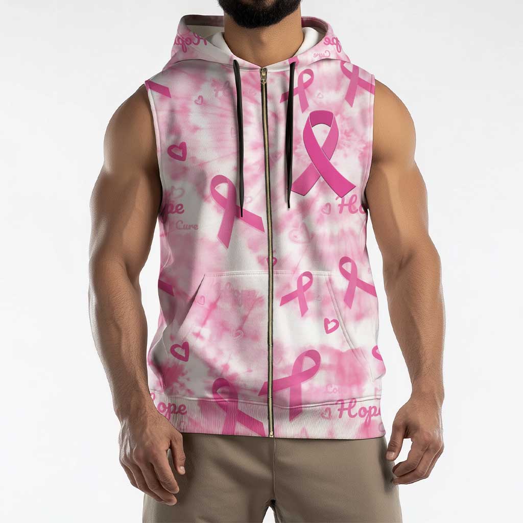 Breast Cancer Awareness Pink Ribbon Sleeveless Zip Hoodie Tie Dye Style - Wonder Print Shop