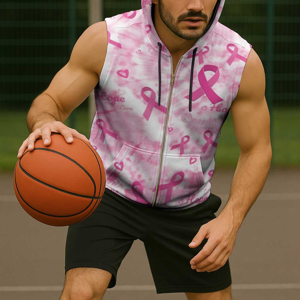 Breast Cancer Awareness Pink Ribbon Sleeveless Zip Hoodie Tie Dye Style - Wonder Print Shop