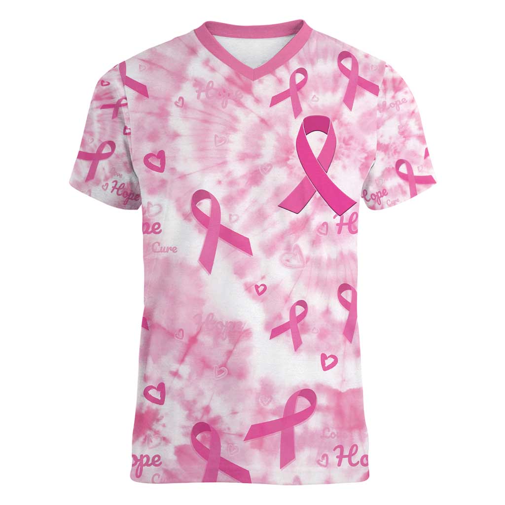 Breast Cancer Awareness Pink Ribbon Women V-Neck T-Shirt Tie Dye Style - Wonder Print Shop