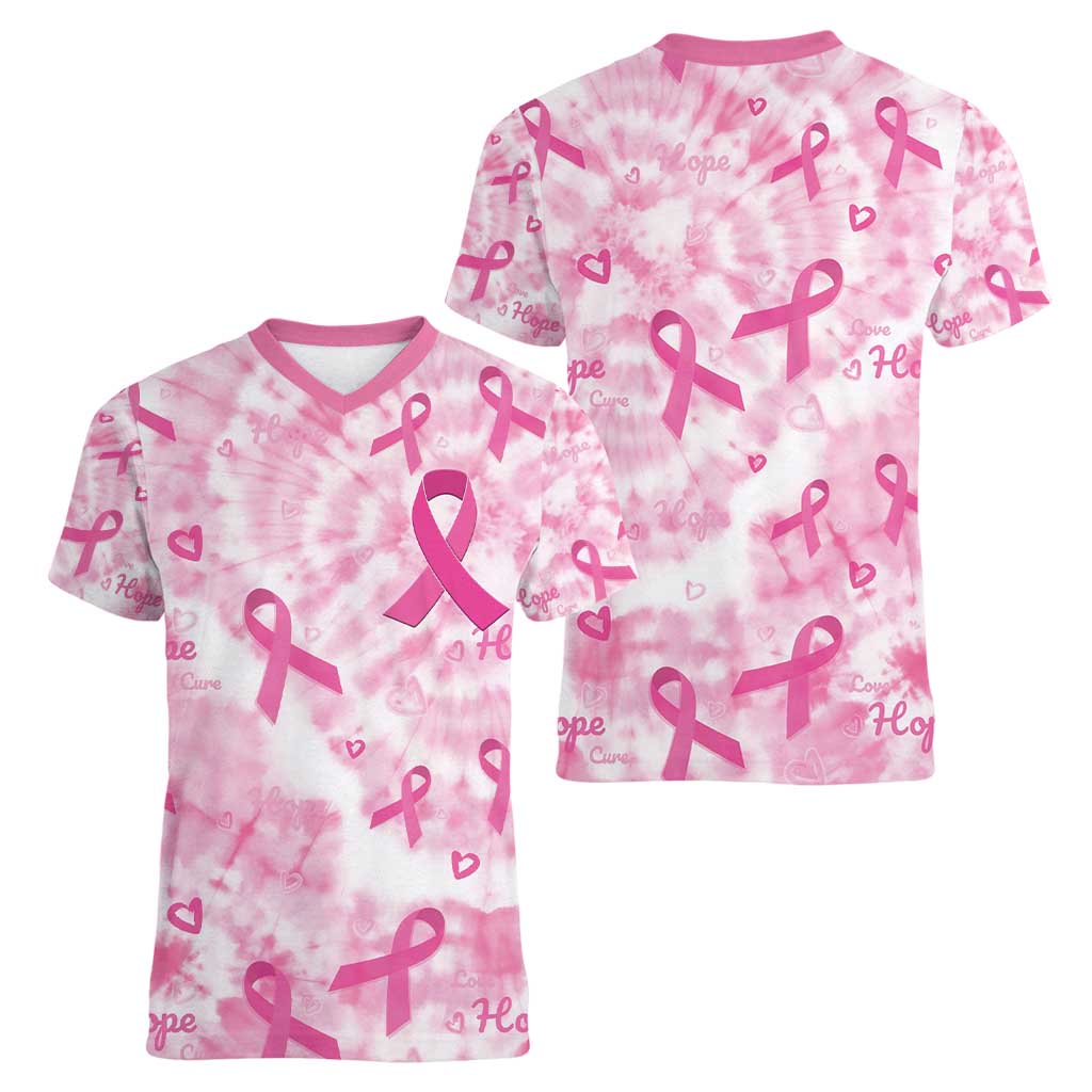 Breast Cancer Awareness Pink Ribbon Women V-Neck T-Shirt Tie Dye Style - Wonder Print Shop