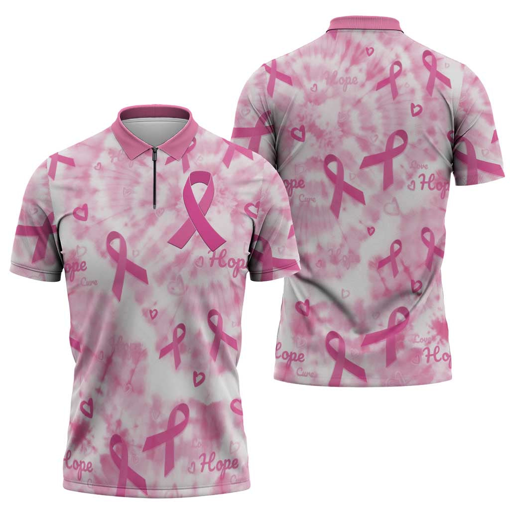 Breast Cancer Awareness Pink Ribbon Zipper Polo Shirt Tie Dye Style - Wonder Print Shop