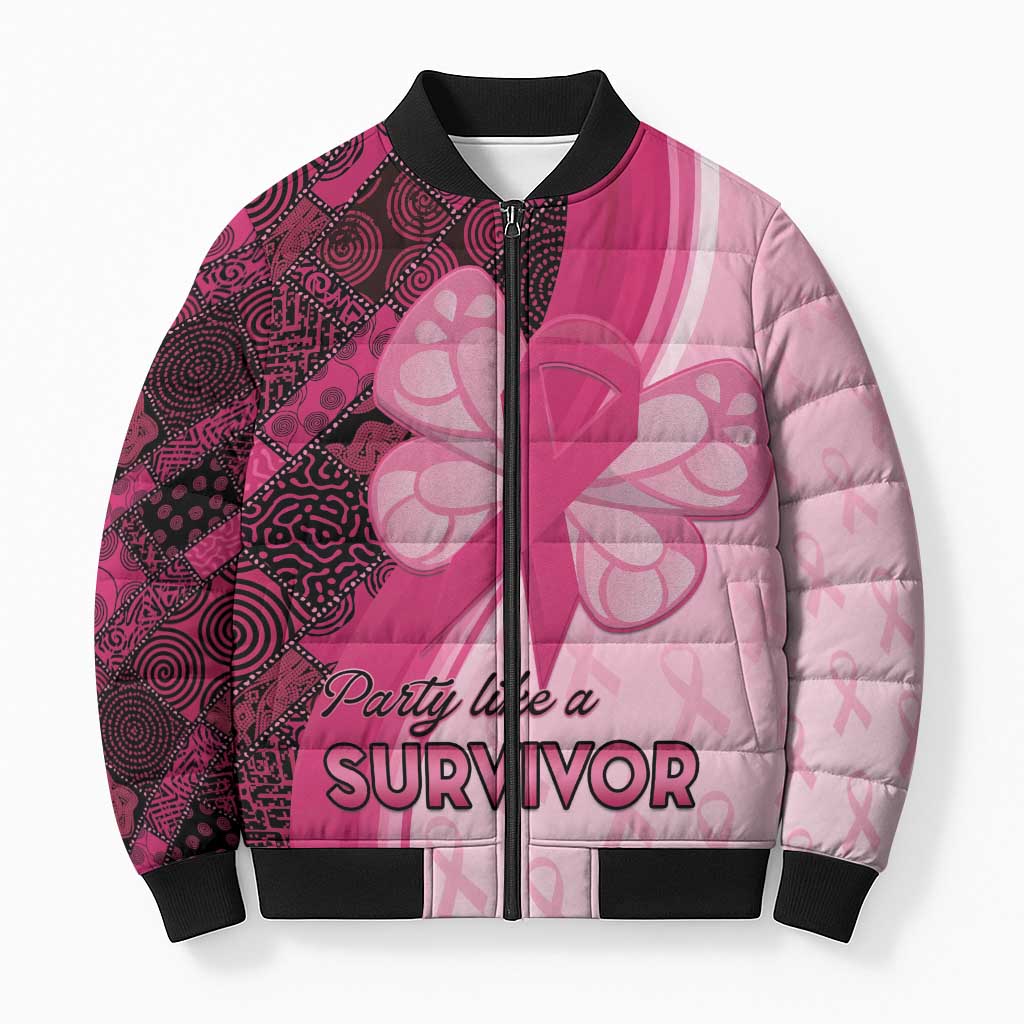 Breast Cancer Awareness Bomber Puffer Jacket Party Like A Survivor - Pink African Pattern - Wonder Print Shop