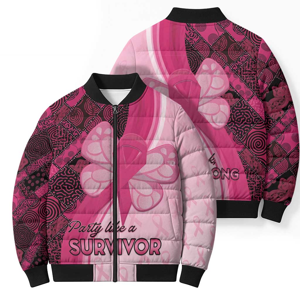 Breast Cancer Awareness Bomber Puffer Jacket Party Like A Survivor - Pink African Pattern - Wonder Print Shop