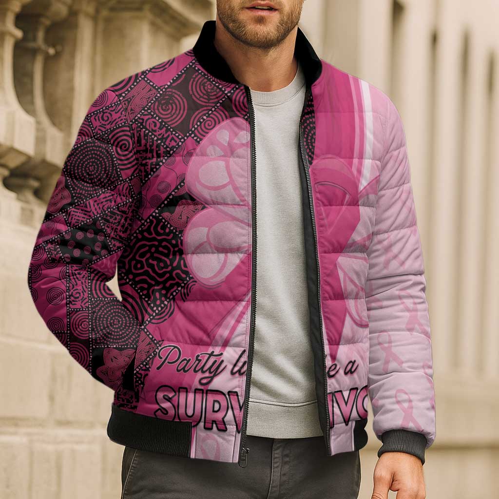 Breast Cancer Awareness Bomber Puffer Jacket Party Like A Survivor - Pink African Pattern - Wonder Print Shop