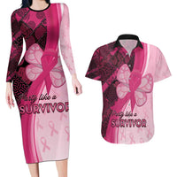 Breast Cancer Awareness Couples Matching Long Sleeve Bodycon Dress and Hawaiian Shirt Party Like A Survivor - Pink African Pattern - Wonder Print Shop