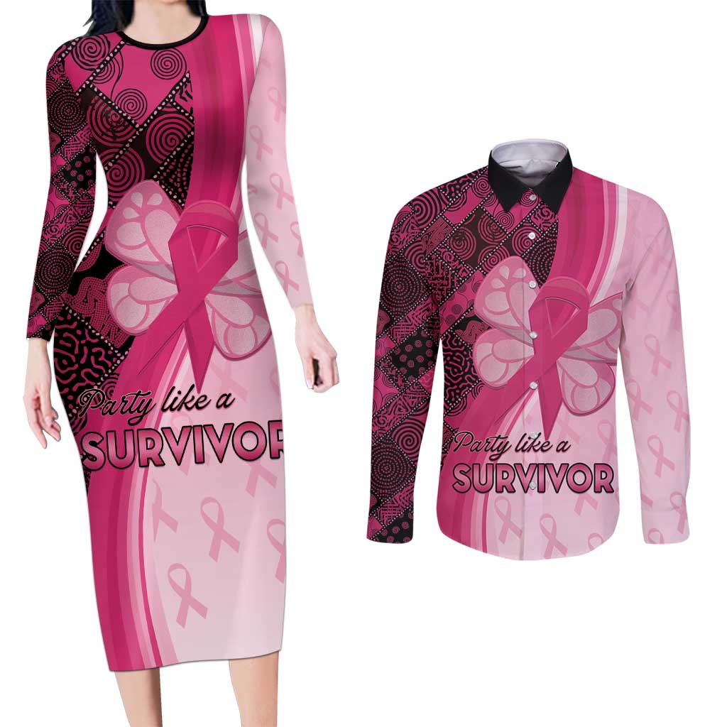 Breast Cancer Awareness Couples Matching Long Sleeve Bodycon Dress and Long Sleeve Button Shirt Party Like A Survivor - Pink African Pattern - Wonder Print Shop