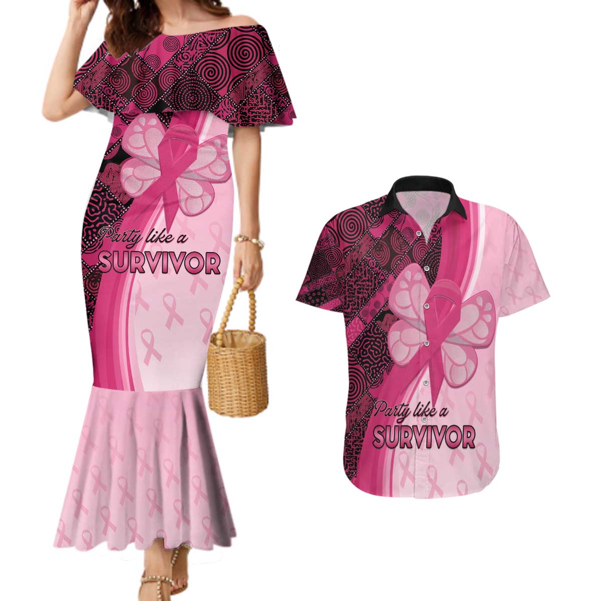 Breast Cancer Awareness Couples Matching Mermaid Dress and Hawaiian Shirt Party Like A Survivor - Pink African Pattern - Wonder Print Shop