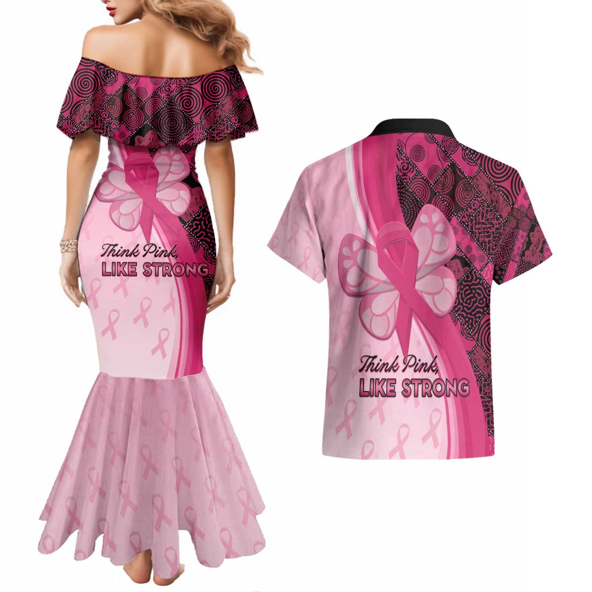 Breast Cancer Awareness Couples Matching Mermaid Dress and Hawaiian Shirt Party Like A Survivor - Pink African Pattern - Wonder Print Shop