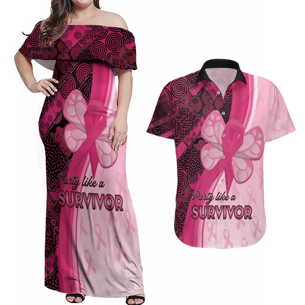 Breast Cancer Awareness Couples Matching Off Shoulder Maxi Dress and Hawaiian Shirt Party Like A Survivor - Pink African Pattern - Wonder Print Shop