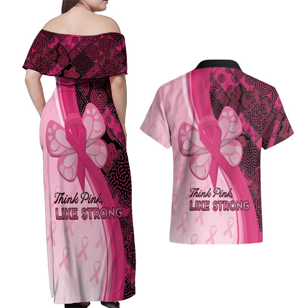 Breast Cancer Awareness Couples Matching Off Shoulder Maxi Dress and Hawaiian Shirt Party Like A Survivor - Pink African Pattern - Wonder Print Shop