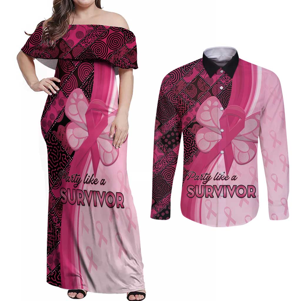 Breast Cancer Awareness Couples Matching Off Shoulder Maxi Dress and Long Sleeve Button Shirt Party Like A Survivor - Pink African Pattern - Wonder Print Shop
