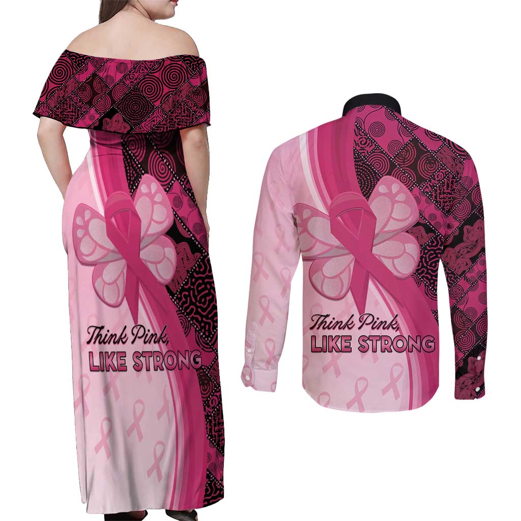 Breast Cancer Awareness Couples Matching Off Shoulder Maxi Dress and Long Sleeve Button Shirt Party Like A Survivor - Pink African Pattern - Wonder Print Shop