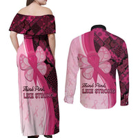 Breast Cancer Awareness Couples Matching Off Shoulder Maxi Dress and Long Sleeve Button Shirt Party Like A Survivor - Pink African Pattern - Wonder Print Shop