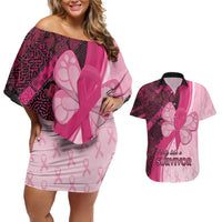 Breast Cancer Awareness Couples Matching Off Shoulder Short Dress and Hawaiian Shirt Party Like A Survivor - Pink African Pattern - Wonder Print Shop