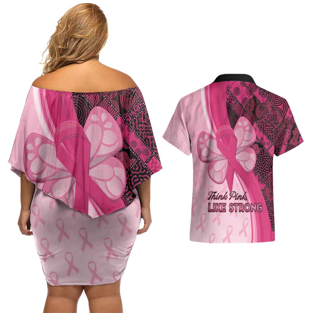 Breast Cancer Awareness Couples Matching Off Shoulder Short Dress and Hawaiian Shirt Party Like A Survivor - Pink African Pattern - Wonder Print Shop