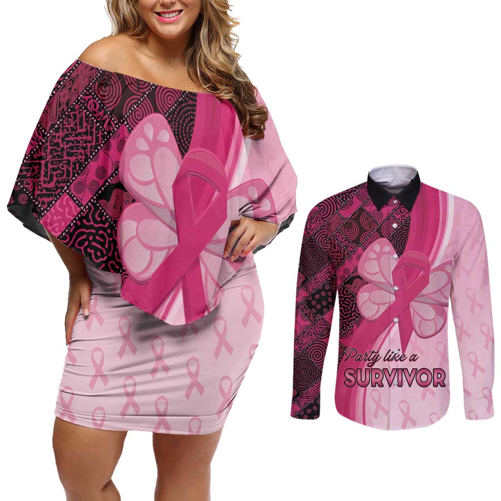 Breast Cancer Awareness Couples Matching Off Shoulder Short Dress and Long Sleeve Button Shirt Party Like A Survivor - Pink African Pattern - Wonder Print Shop