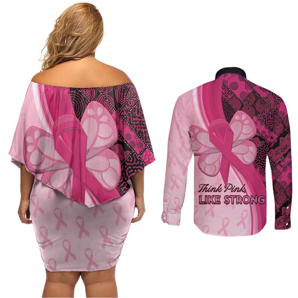 Breast Cancer Awareness Couples Matching Off Shoulder Short Dress and Long Sleeve Button Shirt Party Like A Survivor - Pink African Pattern - Wonder Print Shop