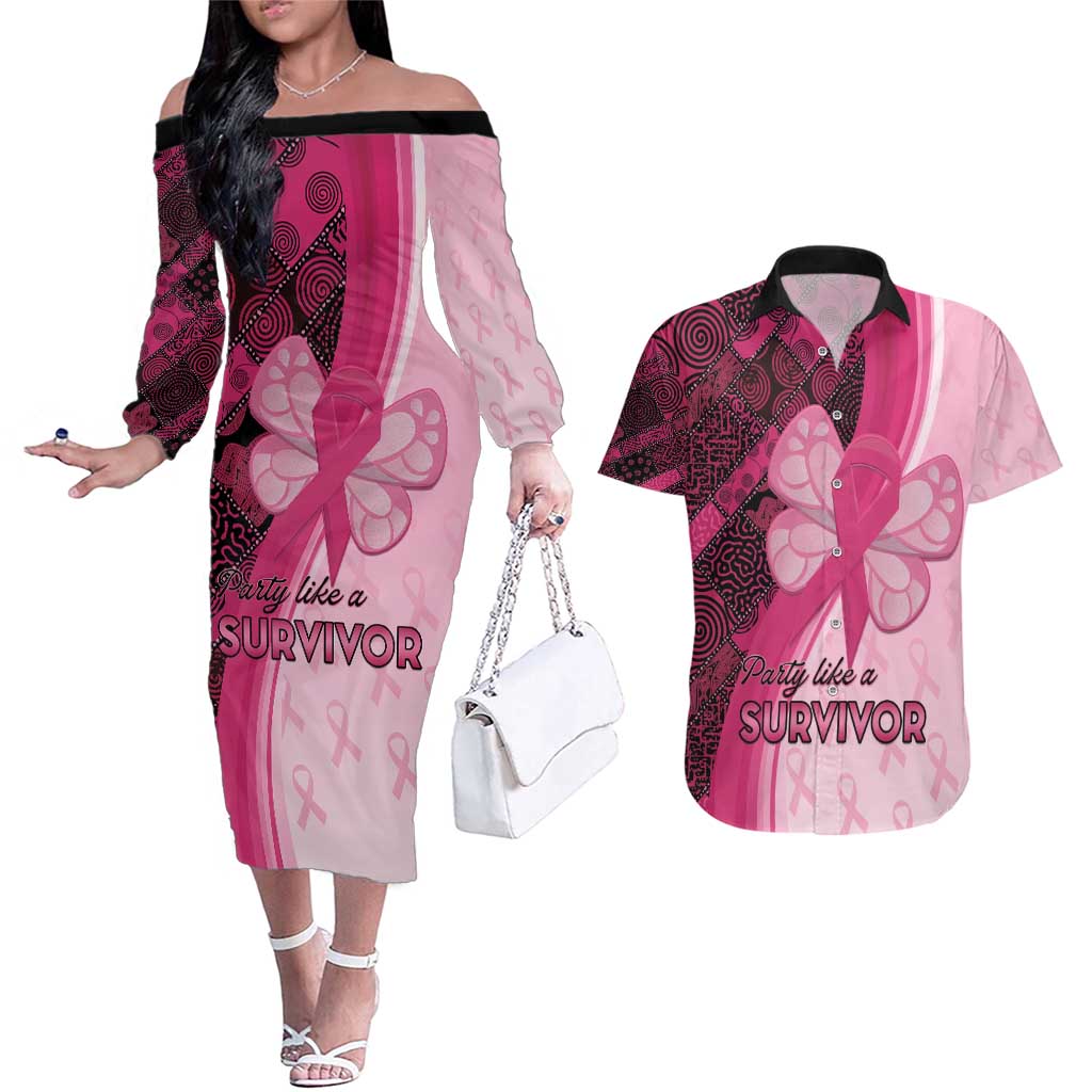 Breast Cancer Awareness Couples Matching Off The Shoulder Long Sleeve Dress and Hawaiian Shirt Party Like A Survivor - Pink African Pattern - Wonder Print Shop