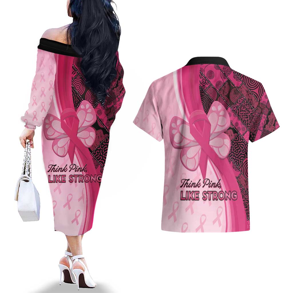 Breast Cancer Awareness Couples Matching Off The Shoulder Long Sleeve Dress and Hawaiian Shirt Party Like A Survivor - Pink African Pattern - Wonder Print Shop