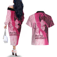 Breast Cancer Awareness Couples Matching Off The Shoulder Long Sleeve Dress and Hawaiian Shirt Party Like A Survivor - Pink African Pattern - Wonder Print Shop