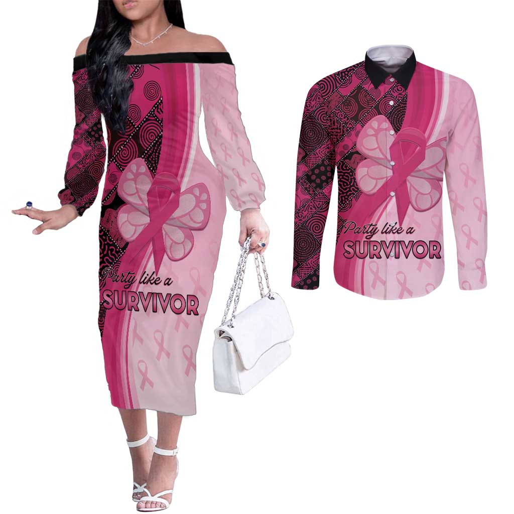 Breast Cancer Awareness Couples Matching Off The Shoulder Long Sleeve Dress and Long Sleeve Button Shirt Party Like A Survivor - Pink African Pattern - Wonder Print Shop