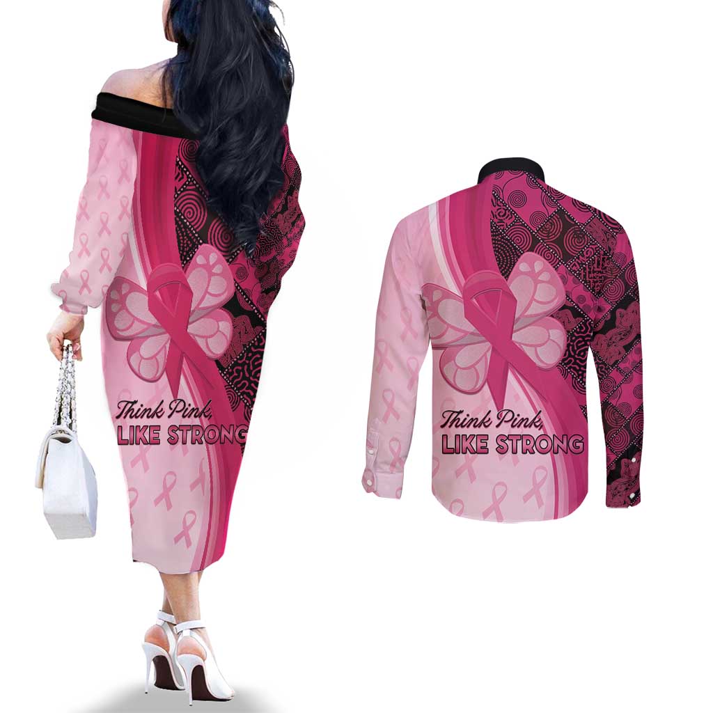 Breast Cancer Awareness Couples Matching Off The Shoulder Long Sleeve Dress and Long Sleeve Button Shirt Party Like A Survivor - Pink African Pattern - Wonder Print Shop