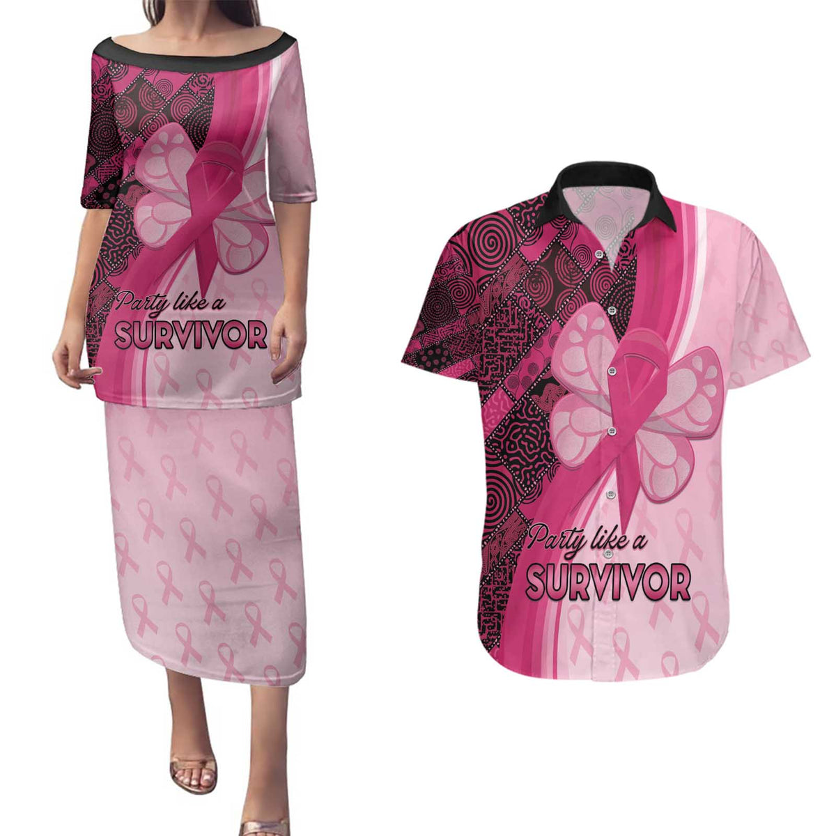 Breast Cancer Awareness Couples Matching Puletasi and Hawaiian Shirt Party Like A Survivor - Pink African Pattern - Wonder Print Shop
