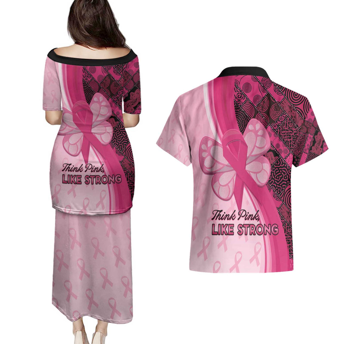 Breast Cancer Awareness Couples Matching Puletasi and Hawaiian Shirt Party Like A Survivor - Pink African Pattern - Wonder Print Shop
